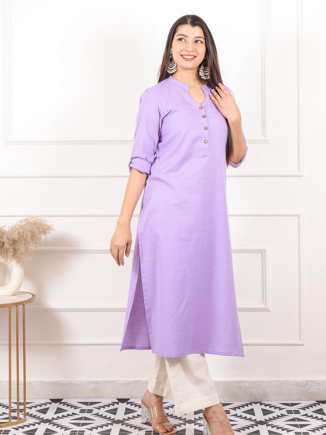 Ibaab Lilac Plain Cotton Flex Kurti in Chinese Collar Neck with Button