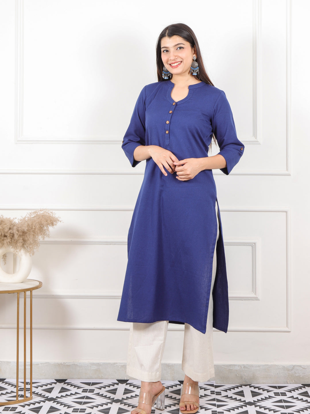 Ibaab Cerulean Blue Plain Cotton Flex Kurti in Chinese Collar Neck with Button