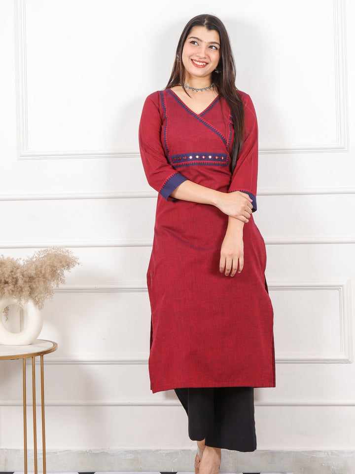 Rooh Merlot Maroon Angrakha Style with Mirror Work South Cotton Kurti