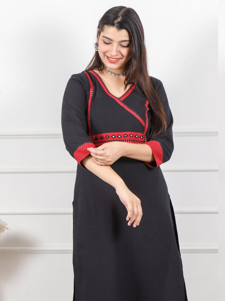 Rooh Raven Black Angrakha Style with Mirror Work South Cotton Kurti