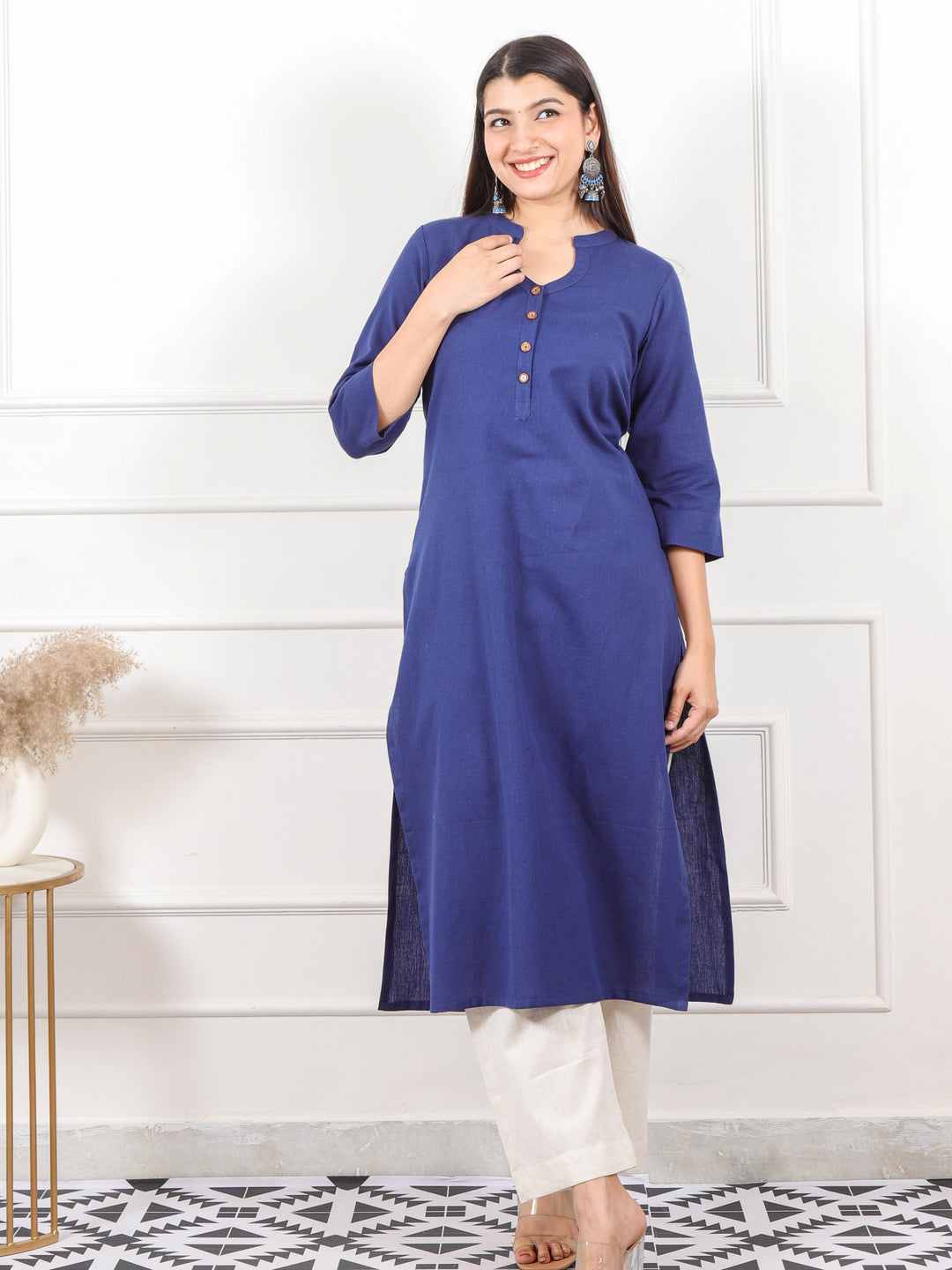 Ibaab Cerulean Blue Plain Cotton Flex Kurti in Chinese Collar Neck with Button