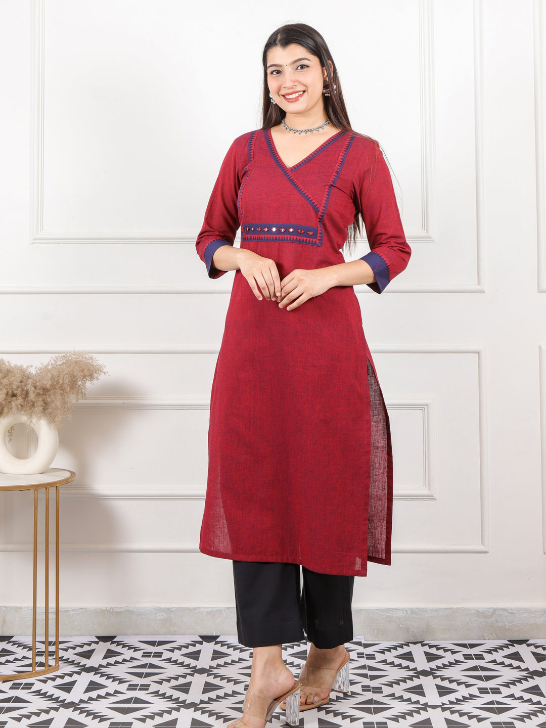 Rooh Merlot Maroon Angrakha Style with Mirror Work South Cotton Kurti