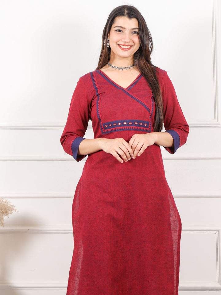 Rooh Merlot Maroon Angrakha Style with Mirror Work South Cotton Kurti