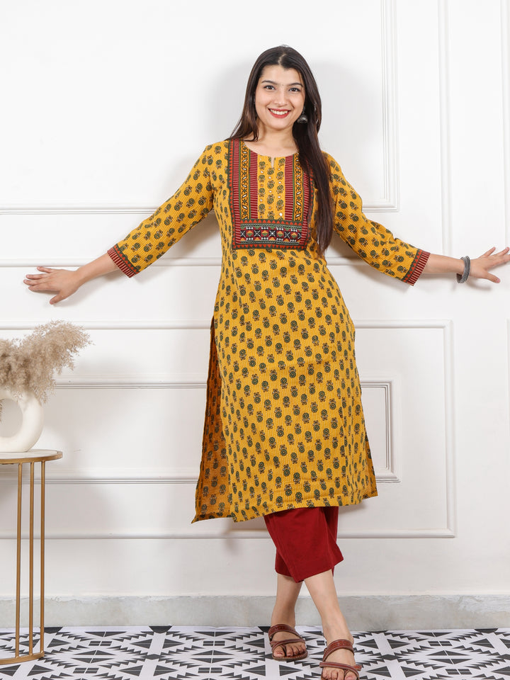 Ghoomer Yellow Mirror Neck Kutch Patch Ajrak Print Cotton Kurti-D12
