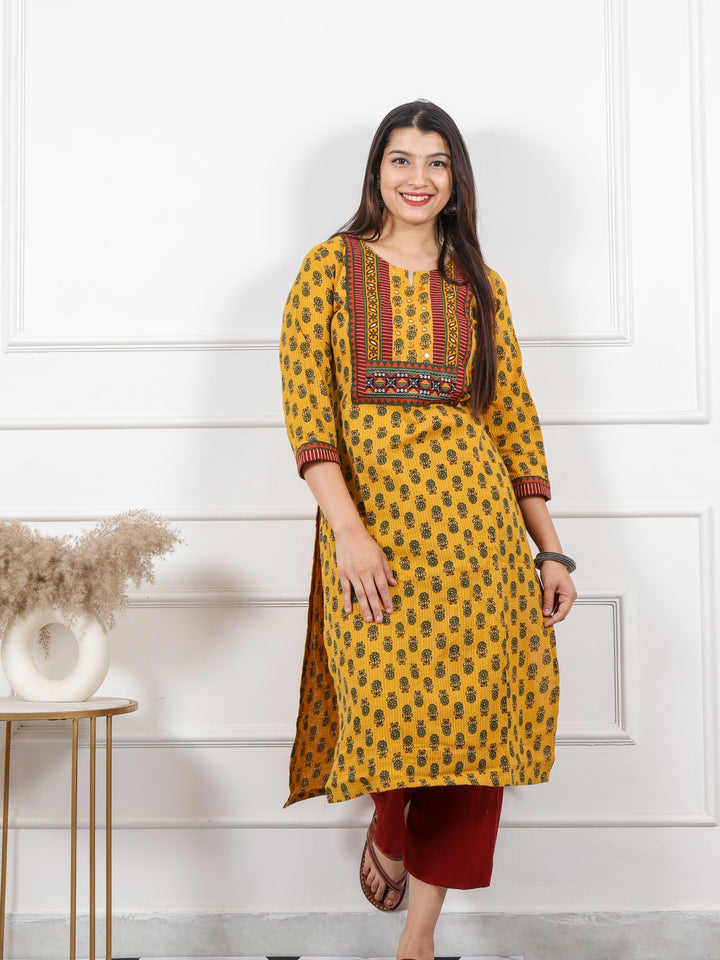 Ghoomer Yellow Mirror Neck Kutch Patch Ajrak Print Cotton Kurti-D12