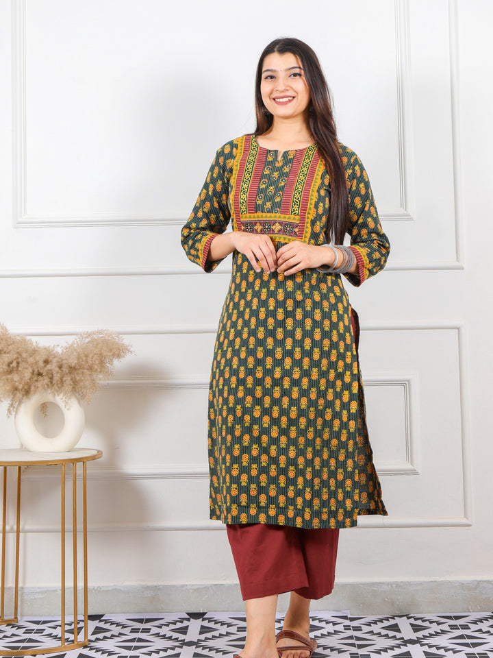 Ghoomer Dark Green Mirror Neck Ajrak Print Patch Cotton Kurti-D12
