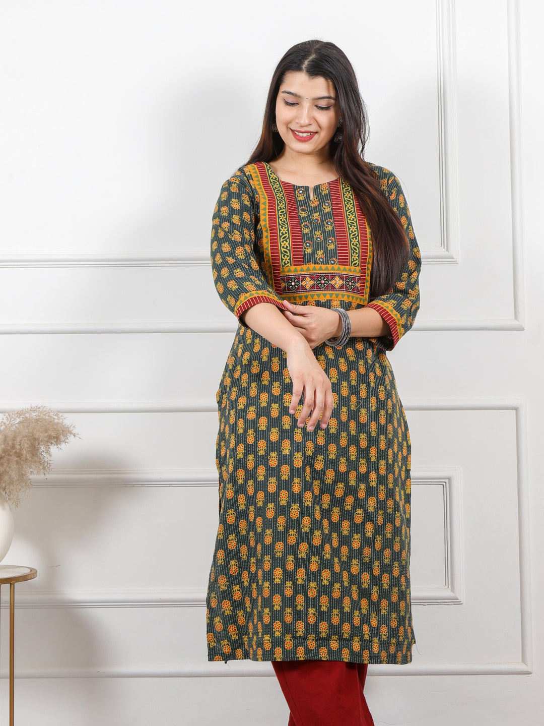 Ghoomer Dark Green Mirror Neck Ajrak Print Patch Cotton Kurti-D12