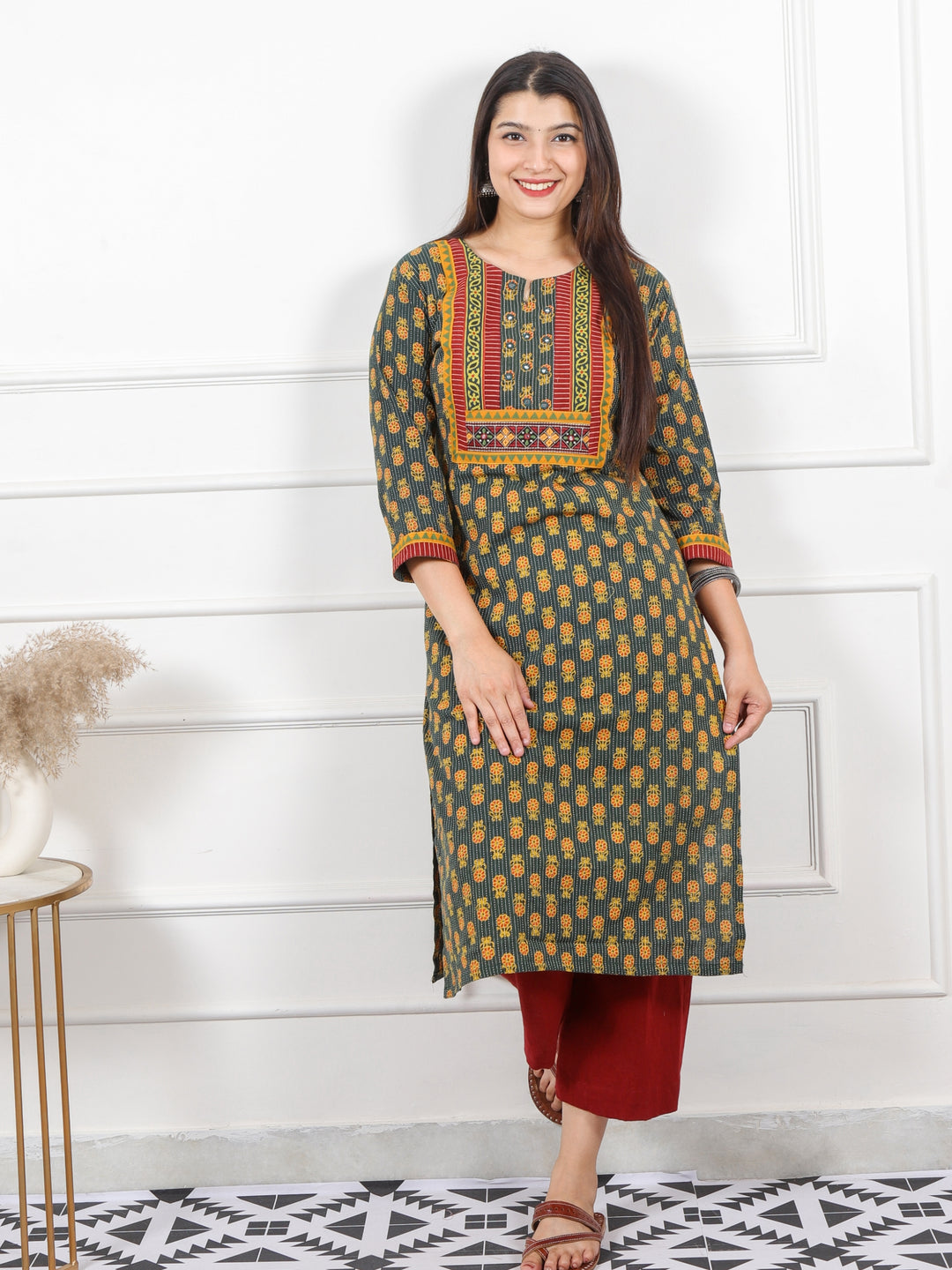 Ghoomer Dark Green Mirror Neck Ajrak Print Patch Cotton Kurti-D12