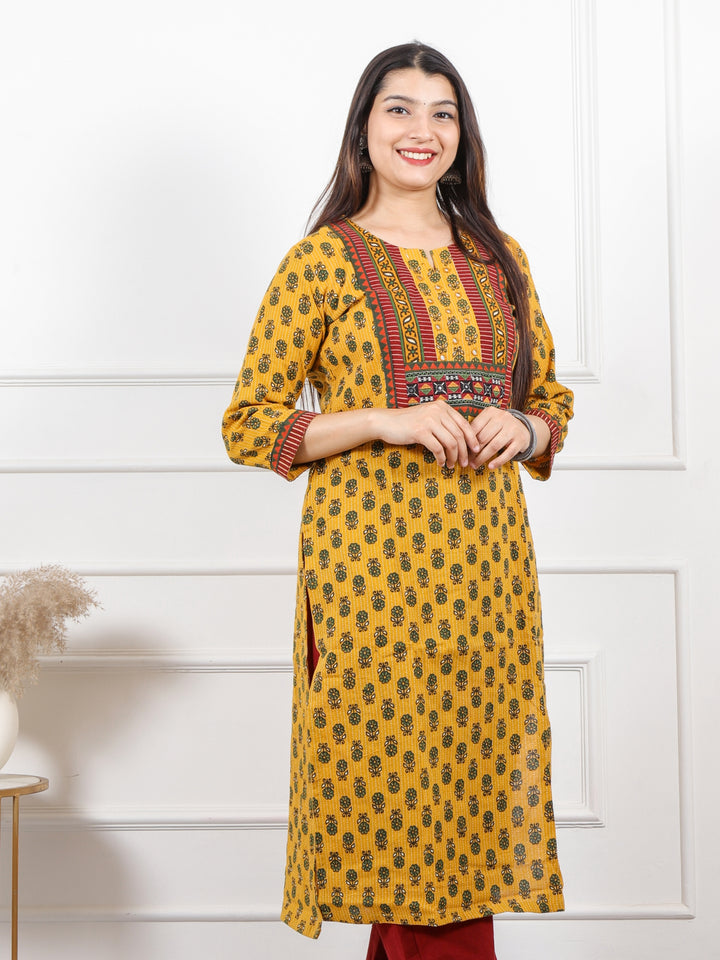 Ghoomer Yellow Mirror Neck Kutch Patch Ajrak Print Cotton Kurti-D12