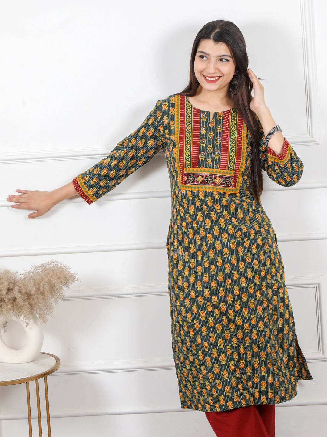 Ghoomer Dark Green Mirror Neck Ajrak Print Patch Cotton Kurti-D12