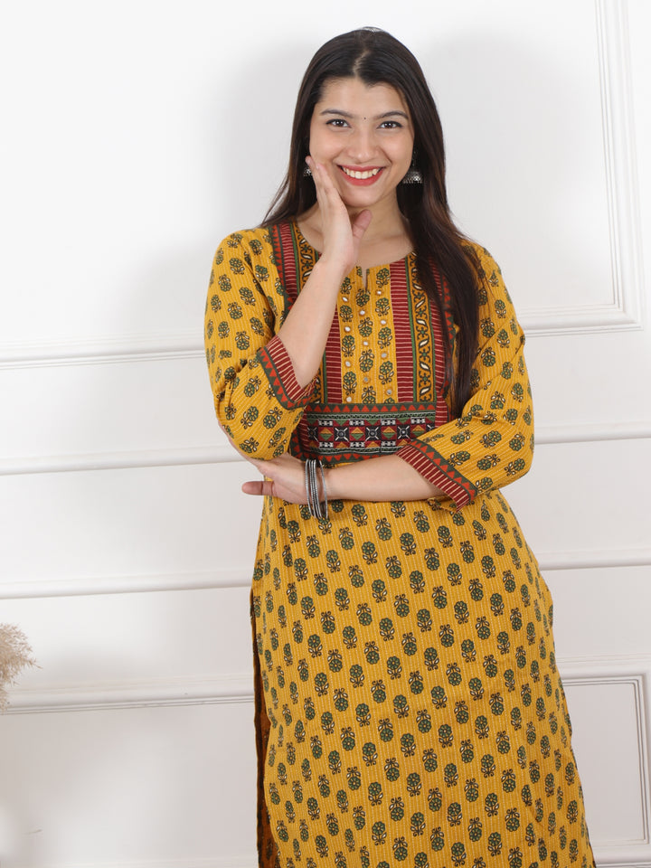 Ghoomer Yellow Mirror Neck Kutch Patch Ajrak Print Cotton Kurti-D12