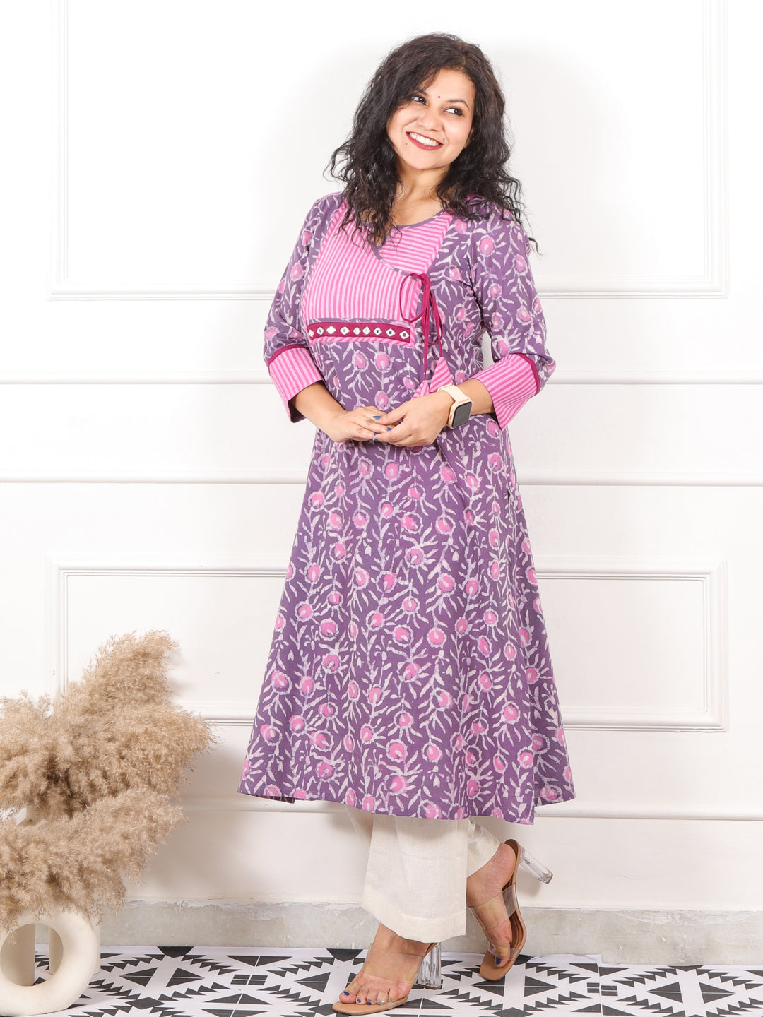 Rooh Lavish Purple Dabu Print Angrakha Neck Kurti with Mirror Work