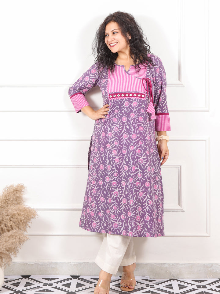 Rooh Lavish Purple Dabu Print Angrakha Neck Kurti with Mirror Work