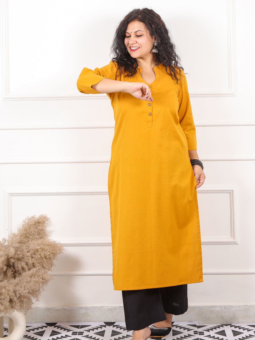 Ibaab Tangy Yellow Plain Cotton Flex Kurti in Chinese Collar Neck with Button