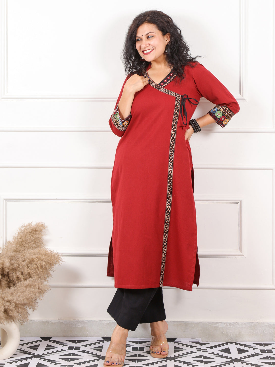 Raavi Jam Red Long Angrakha Style Neck Cotton Flex Kurti