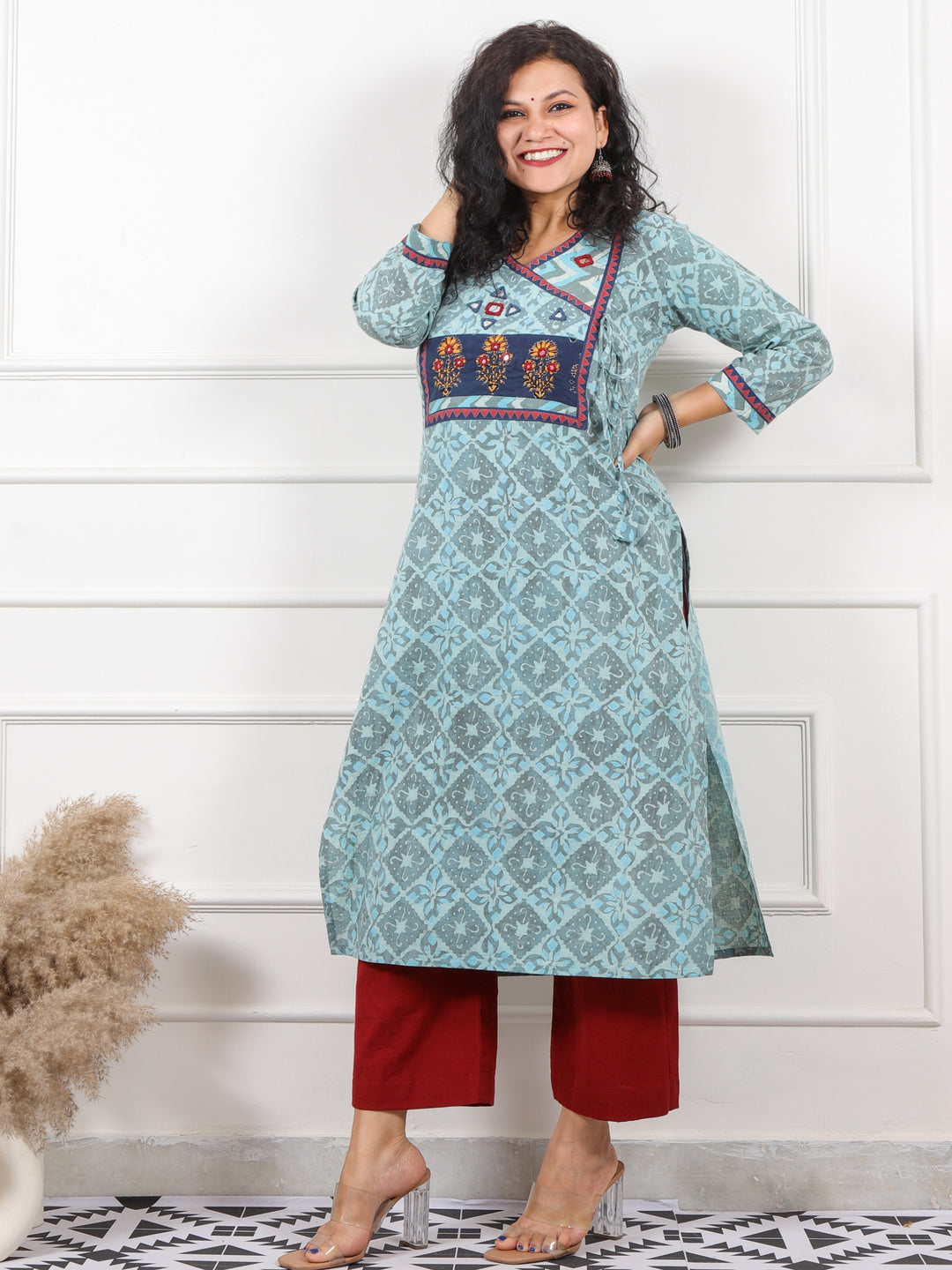 Ghoomar Sky Grey Kutch Mirror Neck Work Angrakha Dabu Cotton Kurti