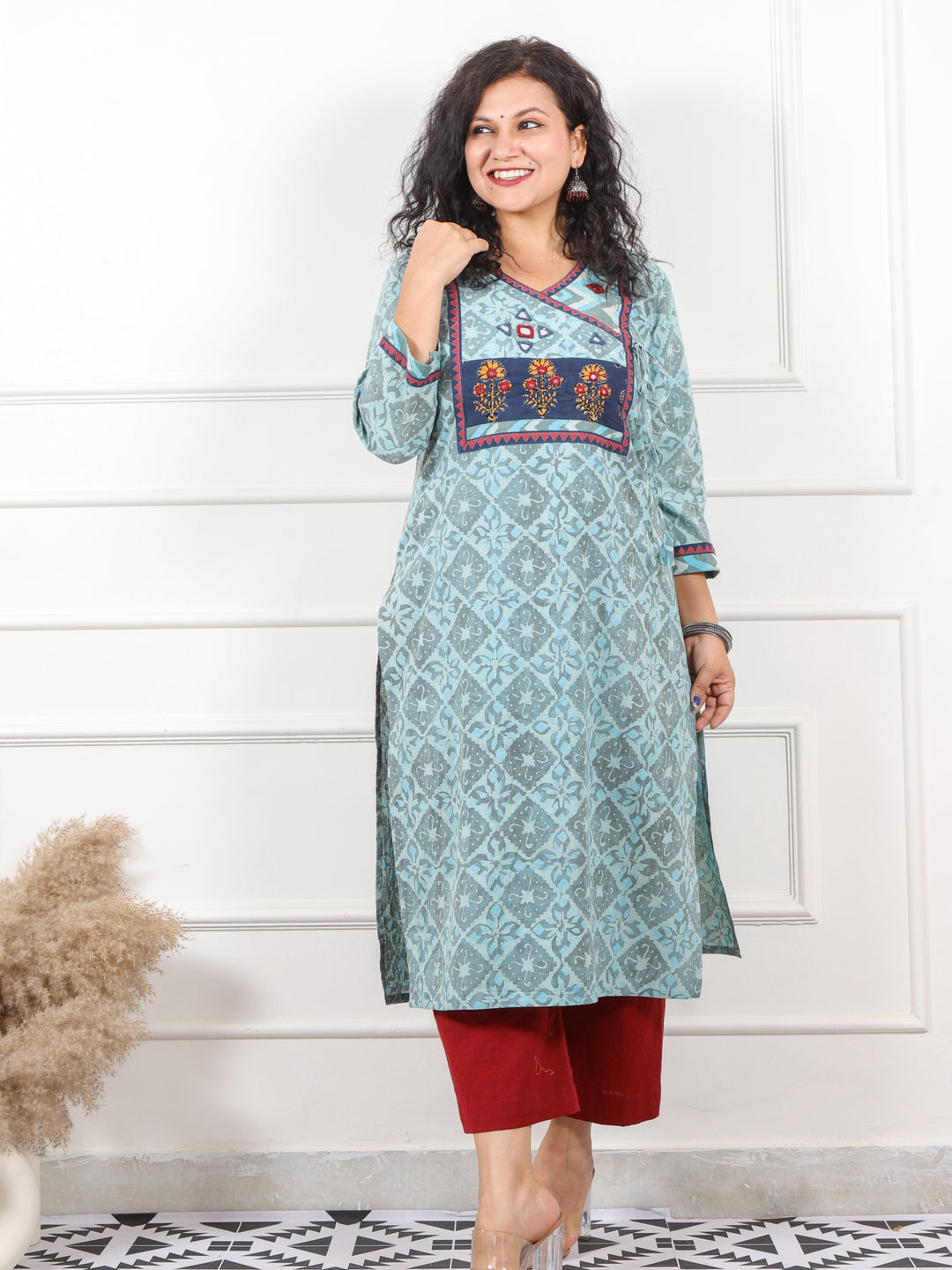 Ghoomar Sky Grey Kutch Mirror Neck Work Angrakha Dabu Cotton Kurti