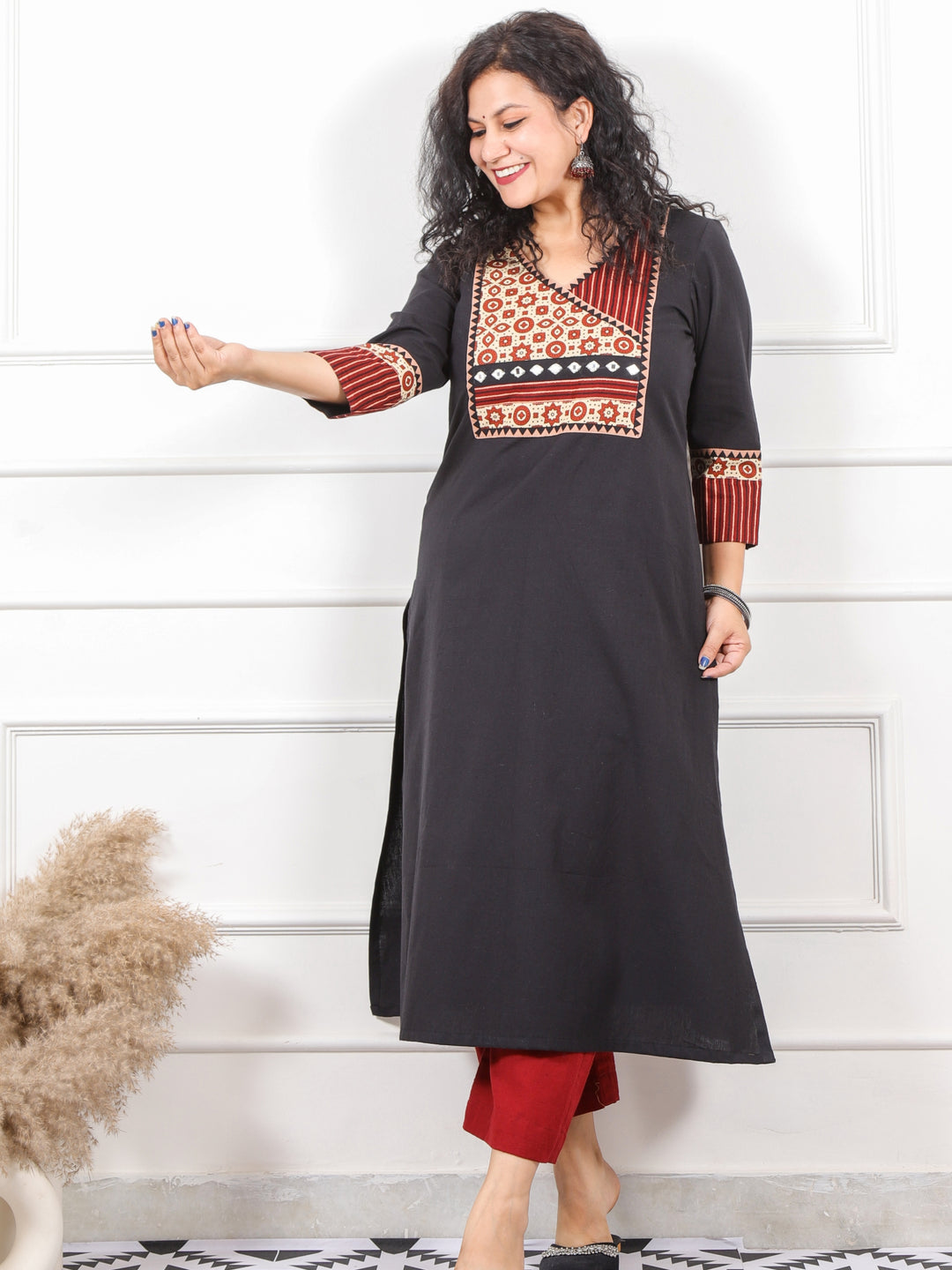 Rooh Black Angrakha Neck in Ajrak Printed Patch Cotton Flex Kurti-D3