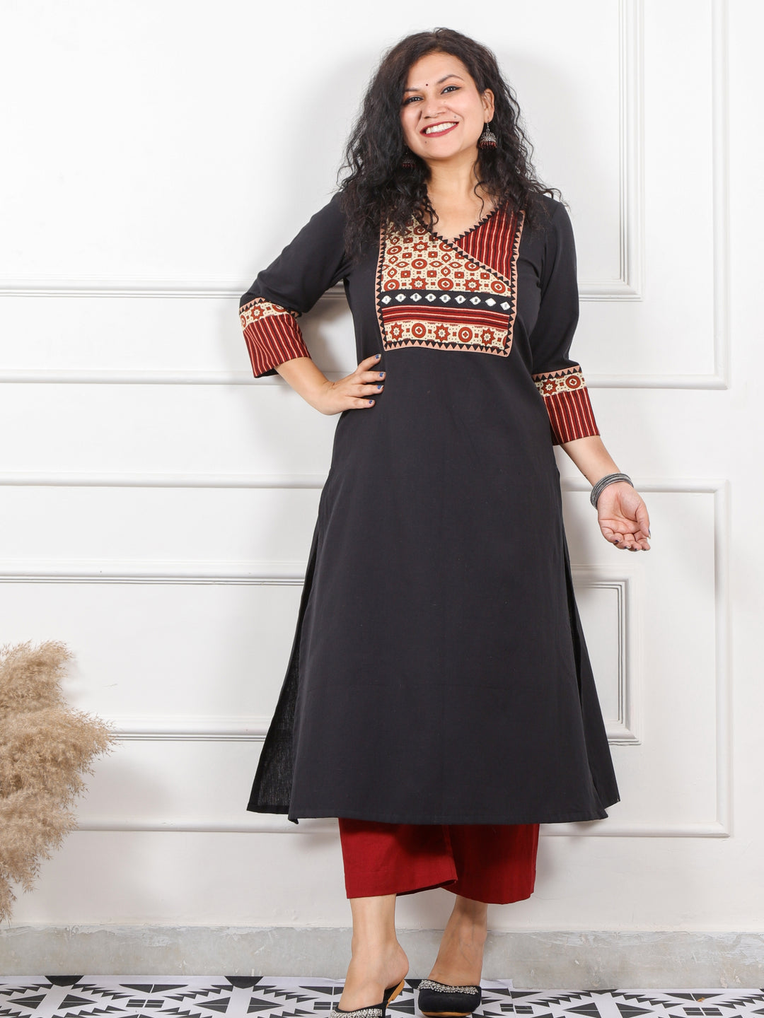 Rooh Black Angrakha Neck in Ajrak Printed Patch Cotton Flex Kurti-D3