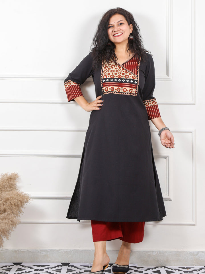 Rooh Black Angrakha Neck in Ajrak Printed Patch Cotton Flex Kurti-D3