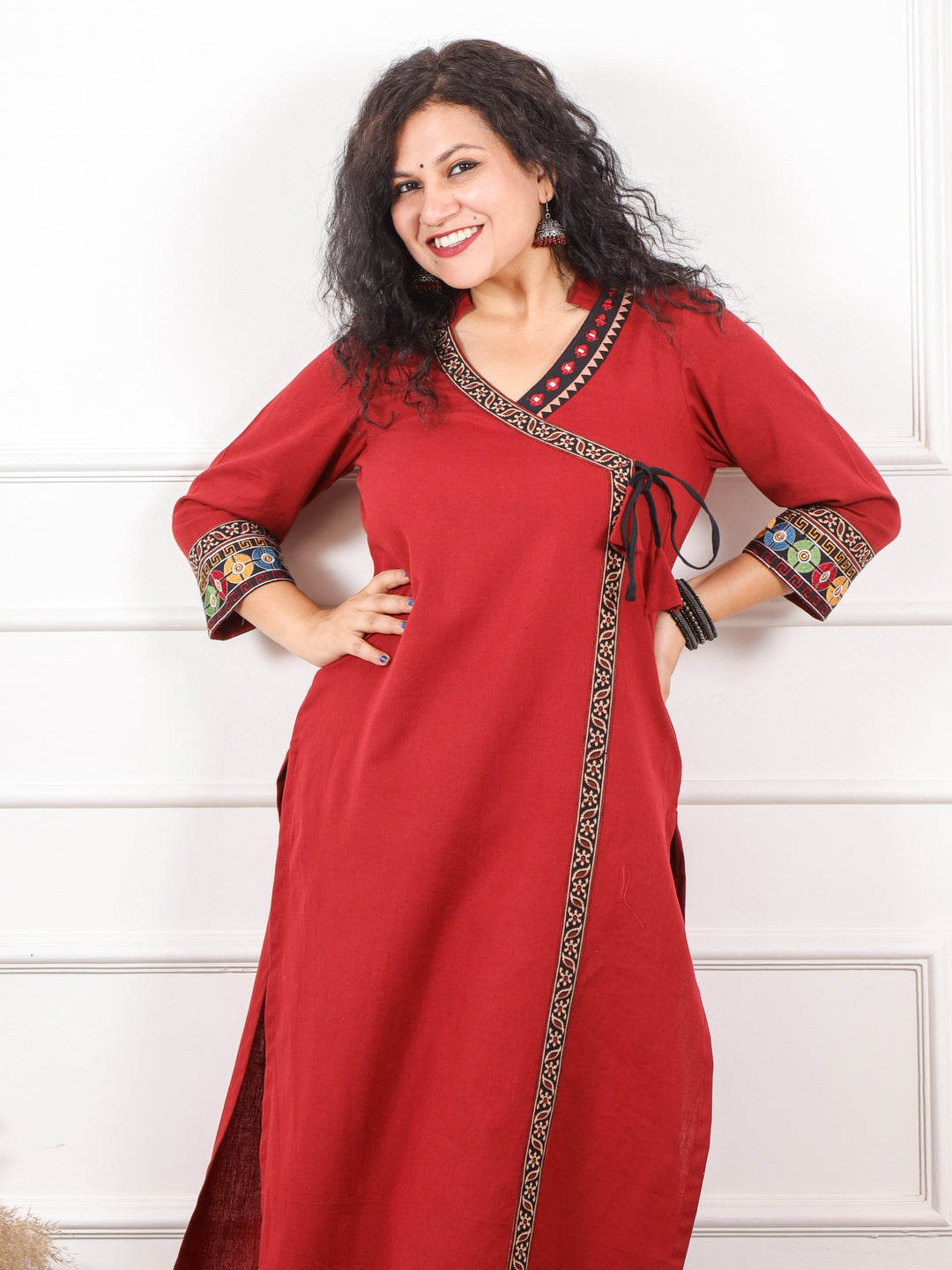 Raavi Jam Red Long Angrakha Style Neck Cotton Flex Kurti