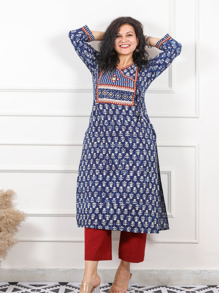 Chaahat Indigo Blue Kutch Angrakha Neck in Dabu Print Cotton Kurti-D2