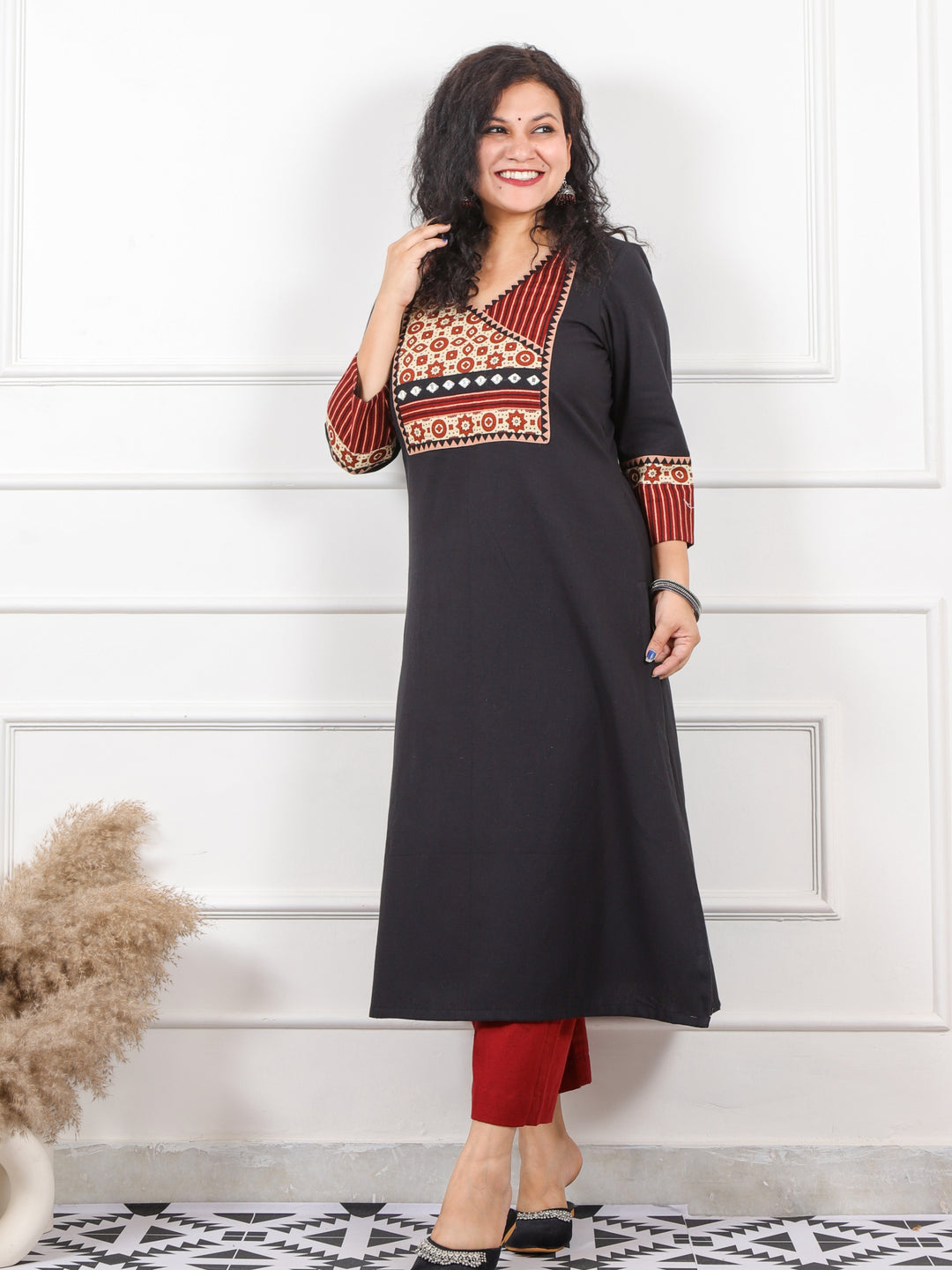 Rooh Black Angrakha Neck in Ajrak Printed Patch Cotton Flex Kurti-D3