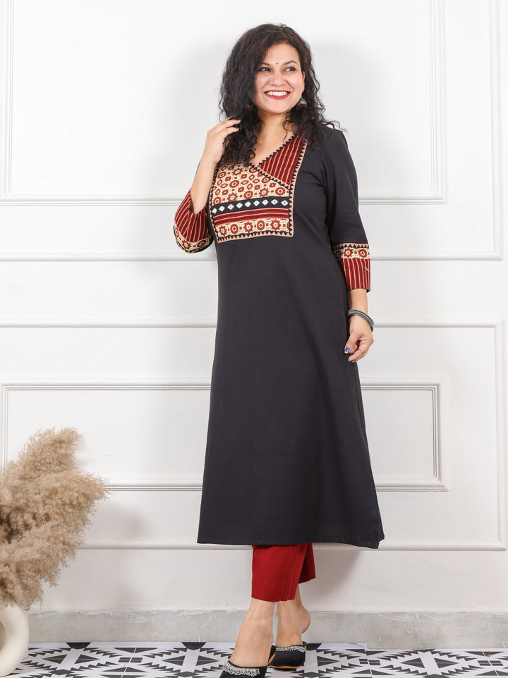 Rooh Black Angrakha Neck in Ajrak Printed Patch Cotton Flex Kurti-D3