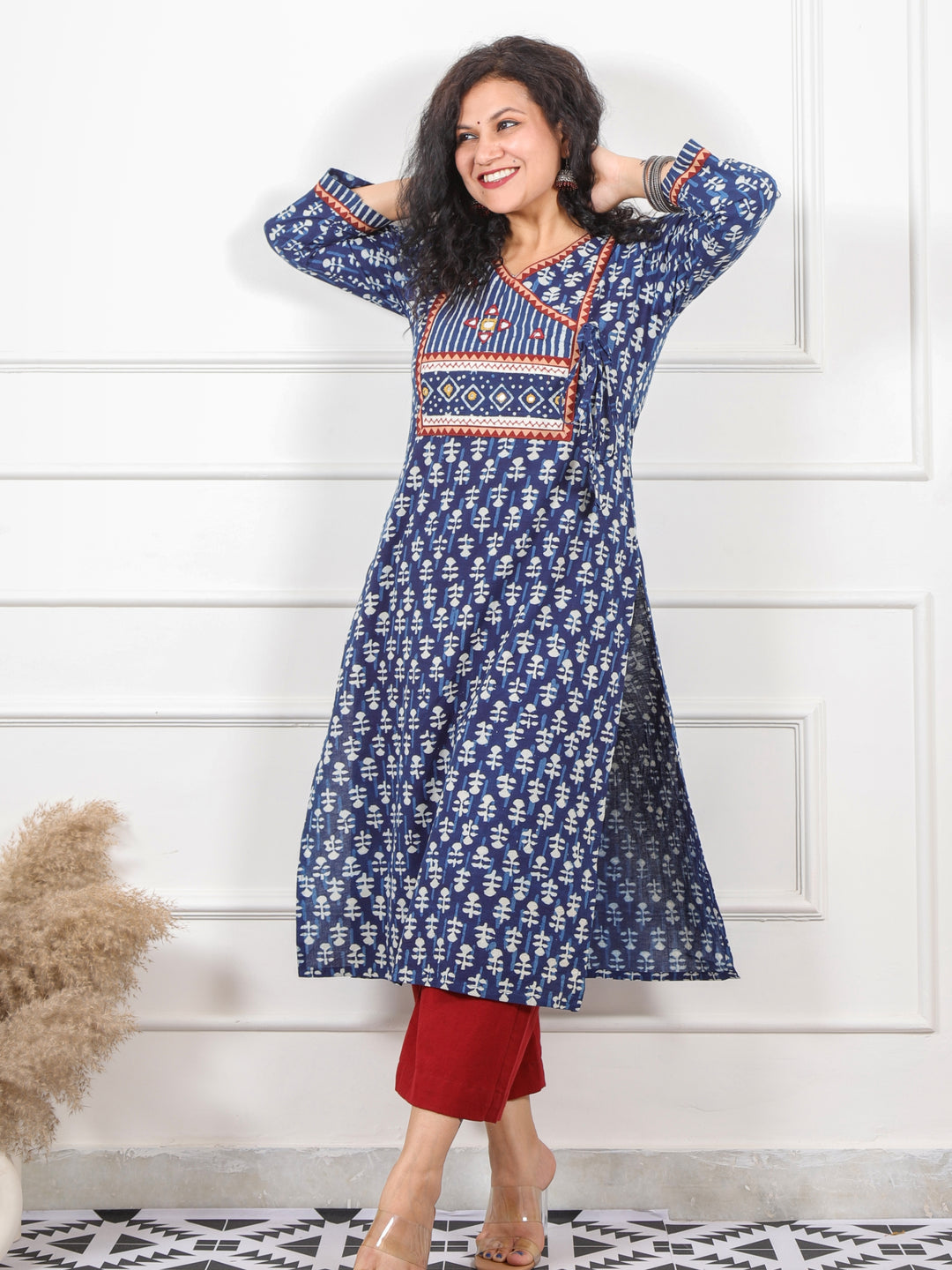 Chaahat Indigo Blue Kutch Angrakha Neck in Dabu Print Cotton Kurti-D2