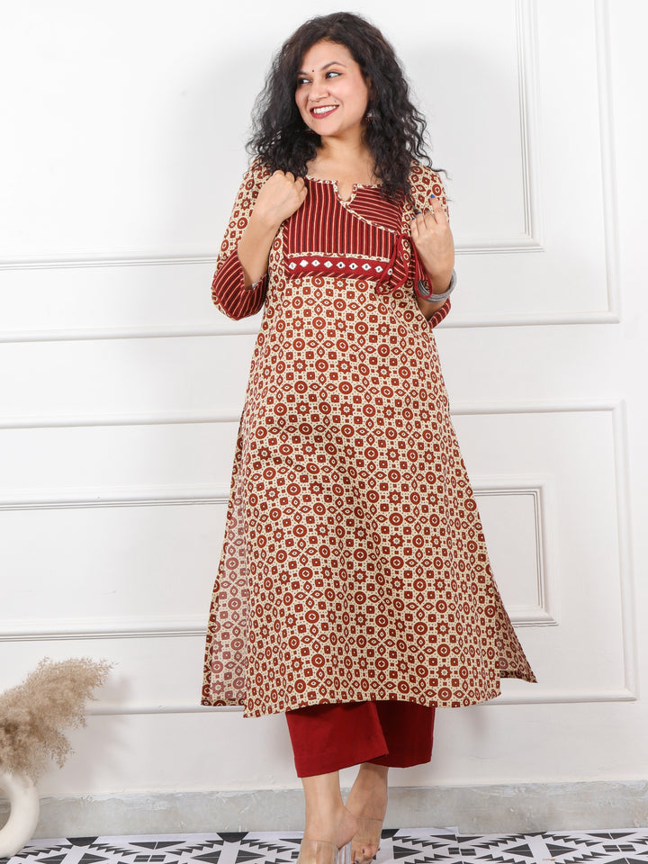 Rooh Ivory Beige with Red Patch Angrakha Neck in Ajrak Print Cotton Kurti