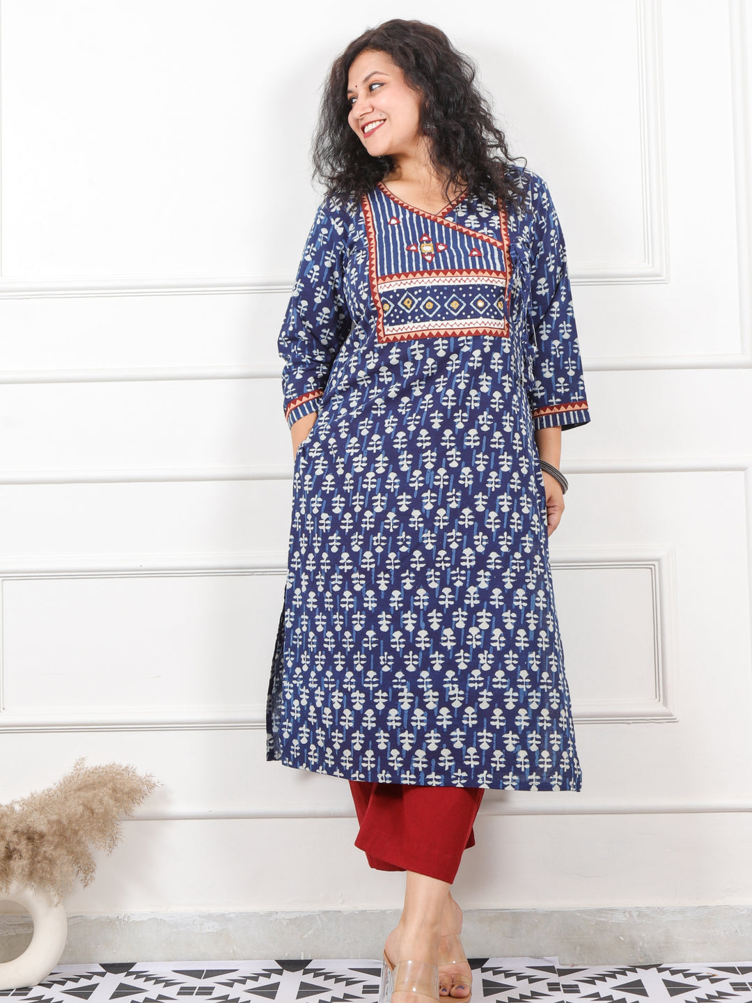Chaahat Indigo Blue Kutch Angrakha Neck in Dabu Print Cotton Kurti-D2