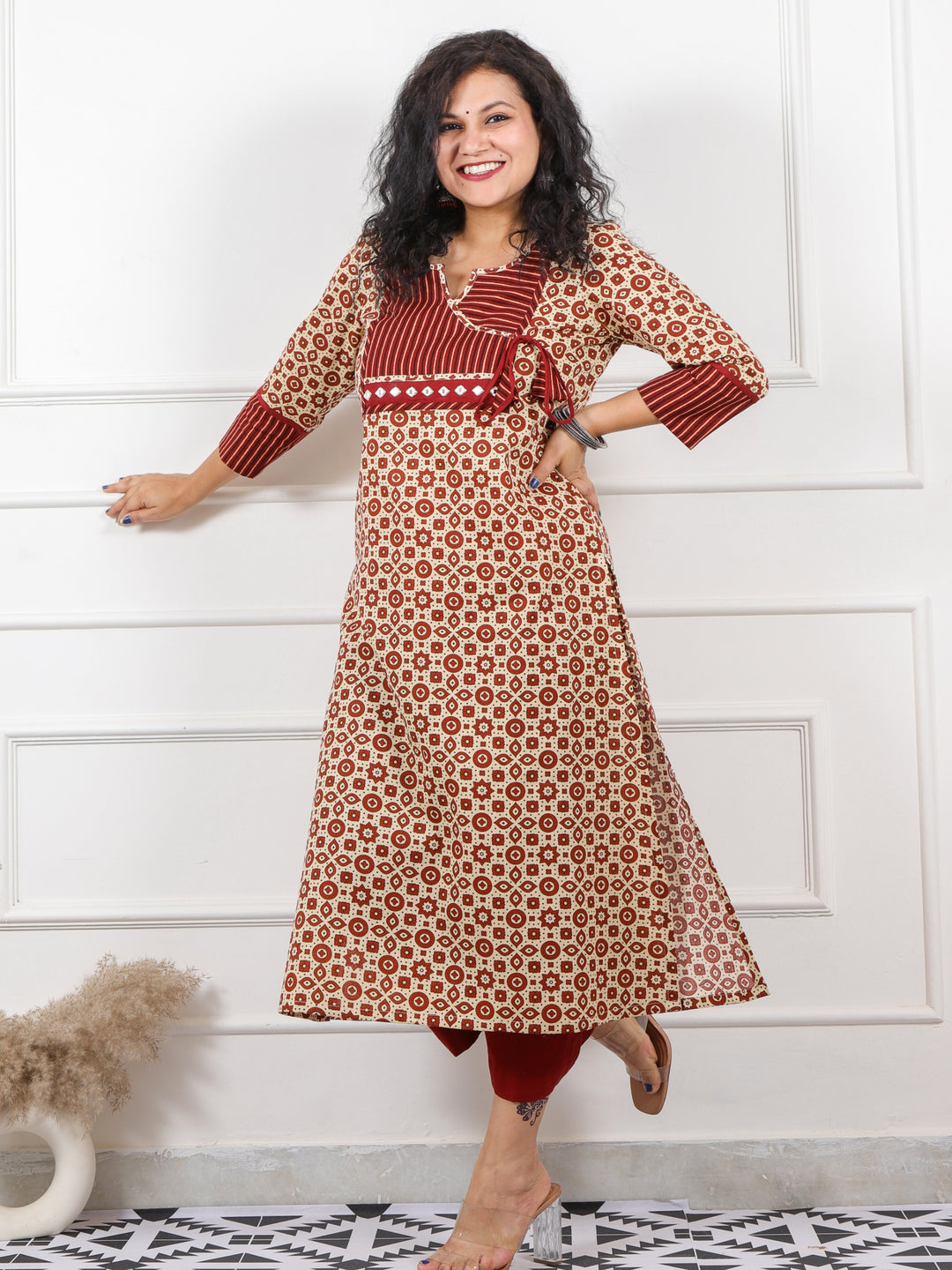 Rooh Ivory Beige with Red Patch Angrakha Neck in Ajrak Print Cotton Kurti