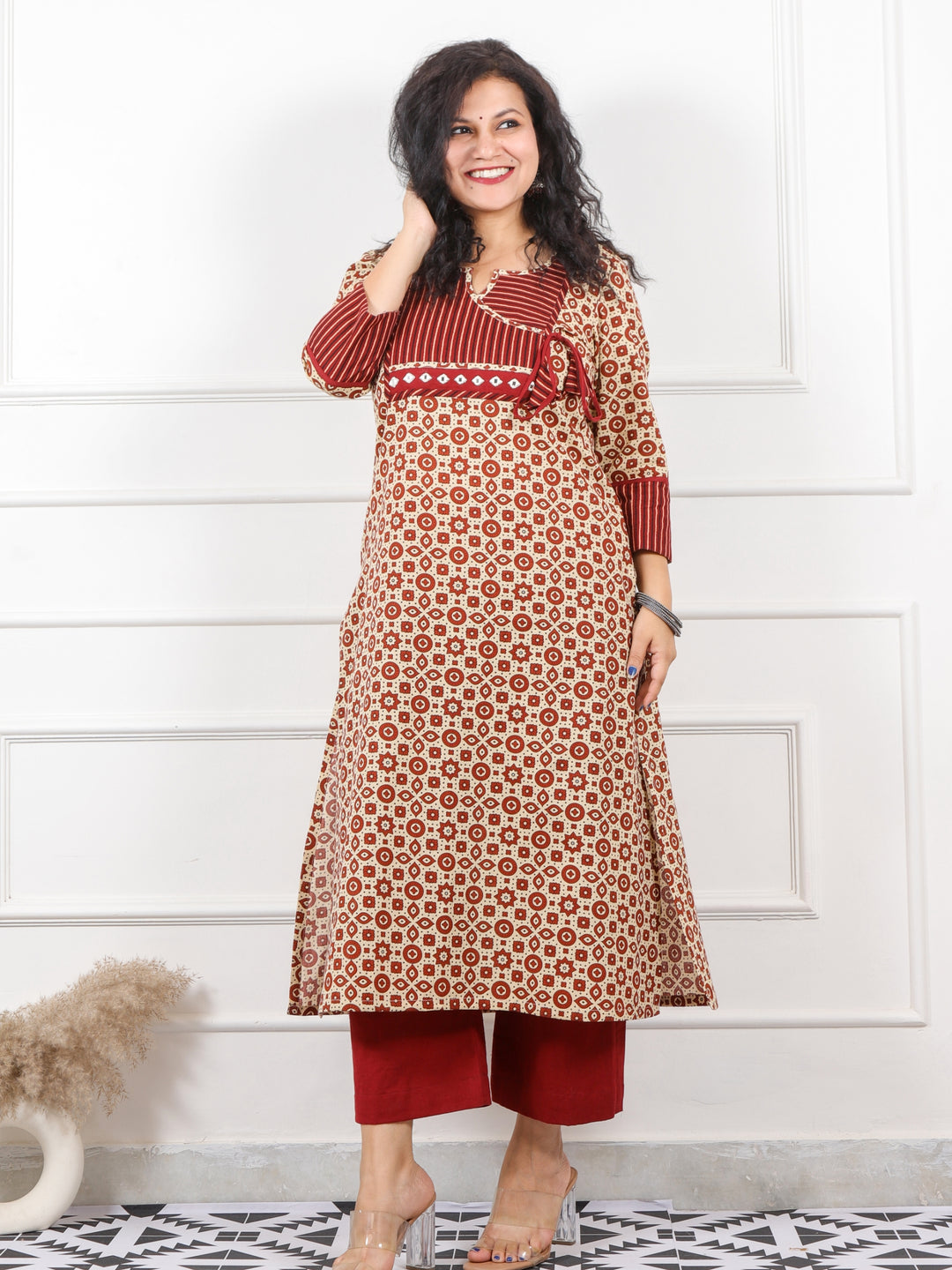 Rooh Ivory Beige with Red Patch Angrakha Neck in Ajrak Print Cotton Kurti