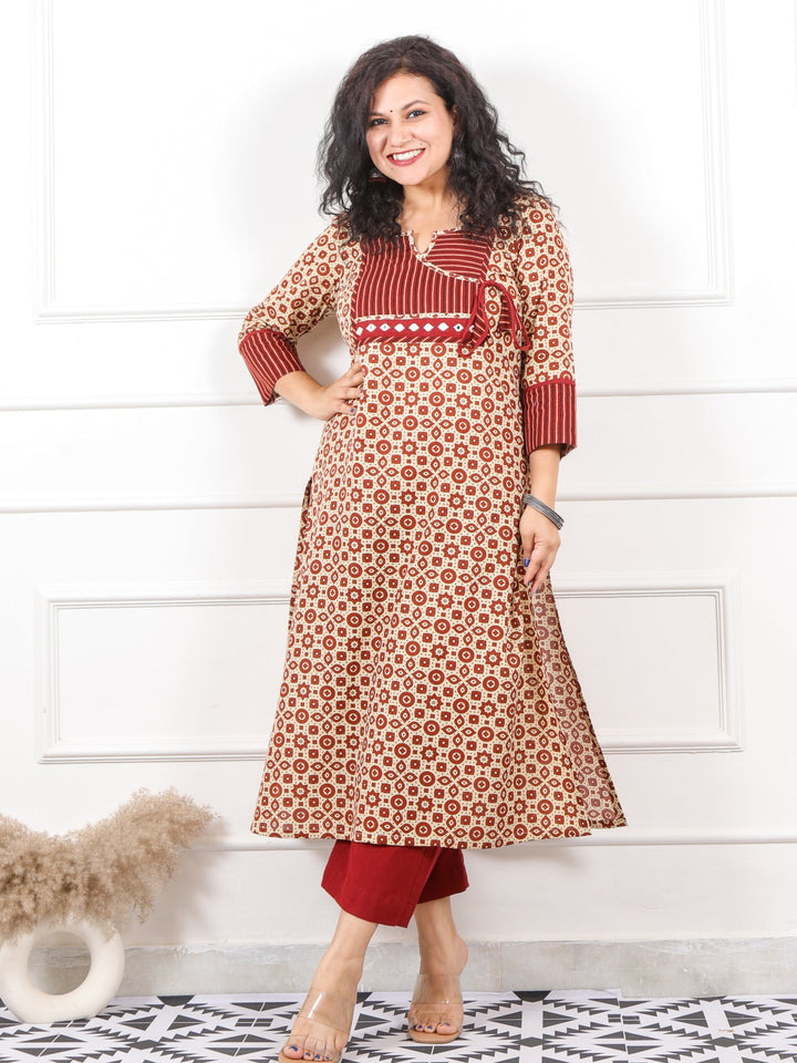 Rooh Ivory Beige with Red Patch Angrakha Neck in Ajrak Print Cotton Kurti