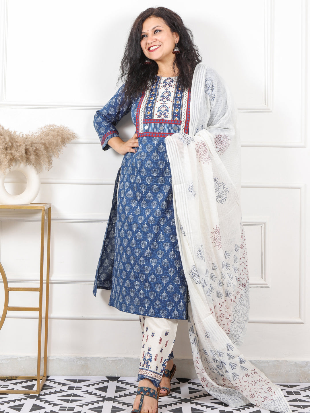 Gulmayi Indigo Blue Kutch Embroidery Neck Work Print Cotton 3 Piece Set-D8