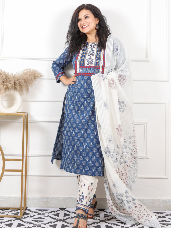 Gulmayi Indigo Blue Kutch Embroidery Neck Work Print Cotton 3 Piece Set-D8
