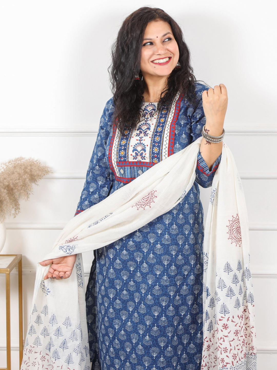 Gulmayi Indigo Blue Kutch Embroidery Neck Work Print Cotton 3 Piece Set-D8
