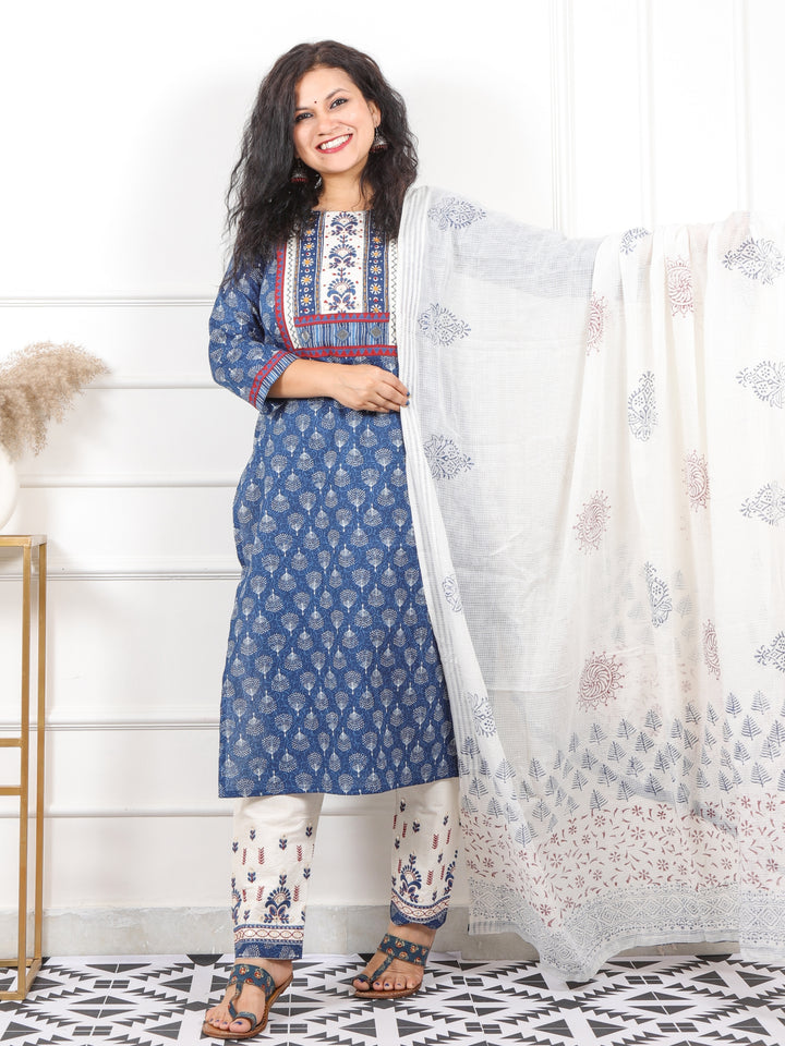 Gulmayi Indigo Blue Kutch Embroidery Neck Work Print Cotton 3 Piece Set-D8