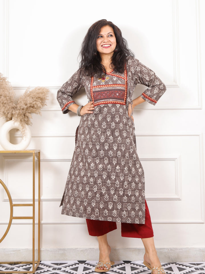 Ghoomar Latte Brown Kutch Mirror Neck Work Angrakha Cotton Kurti-D7
