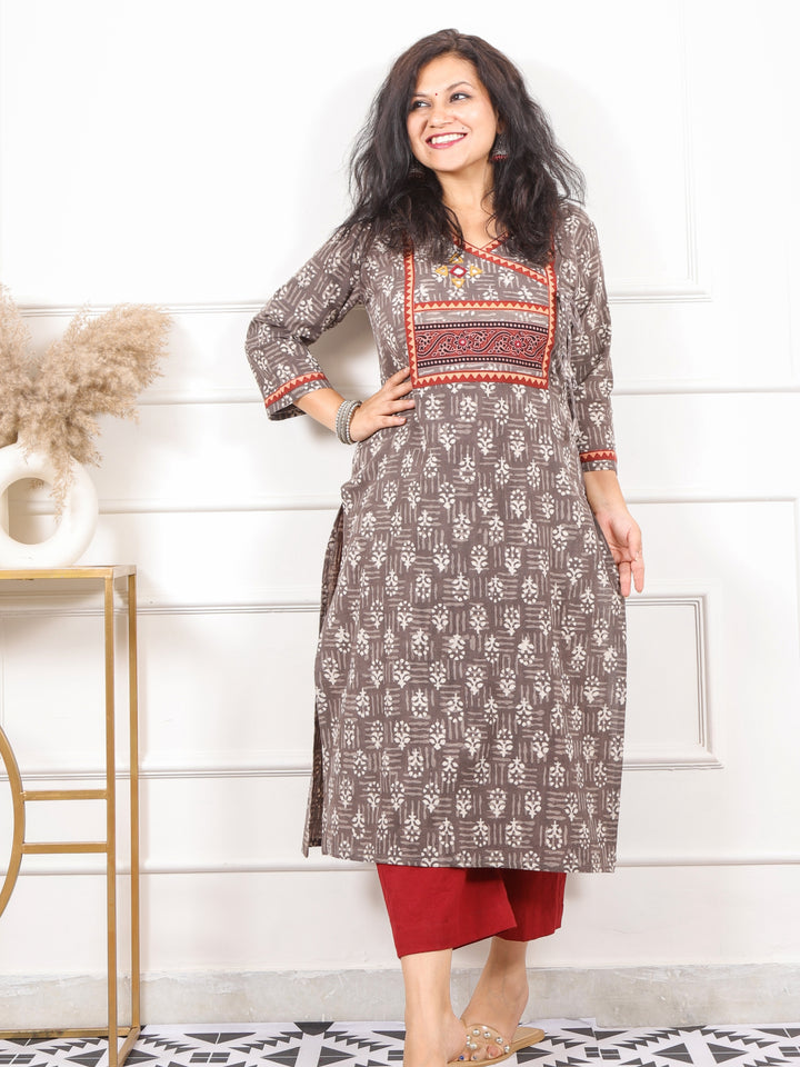 Ghoomar Latte Brown Kutch Mirror Neck Work Angrakha Cotton Kurti-D7