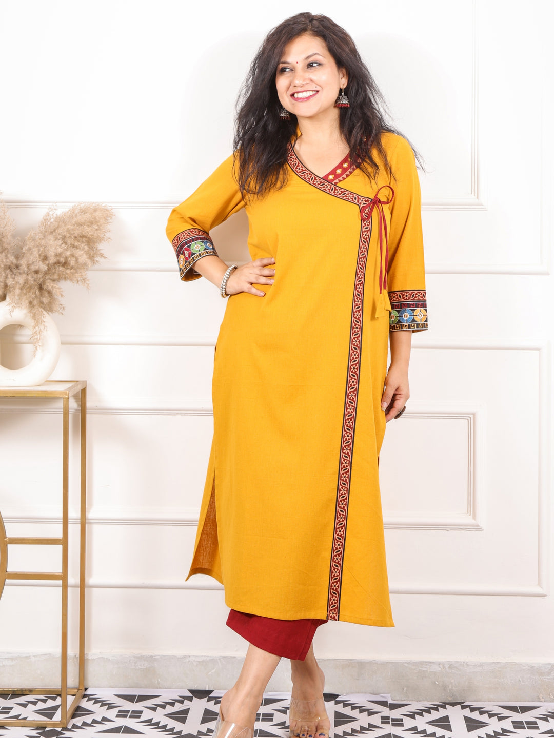 Raavi Mustard Yellow Long Angrakha Style Neck Cotton Flex Kurti