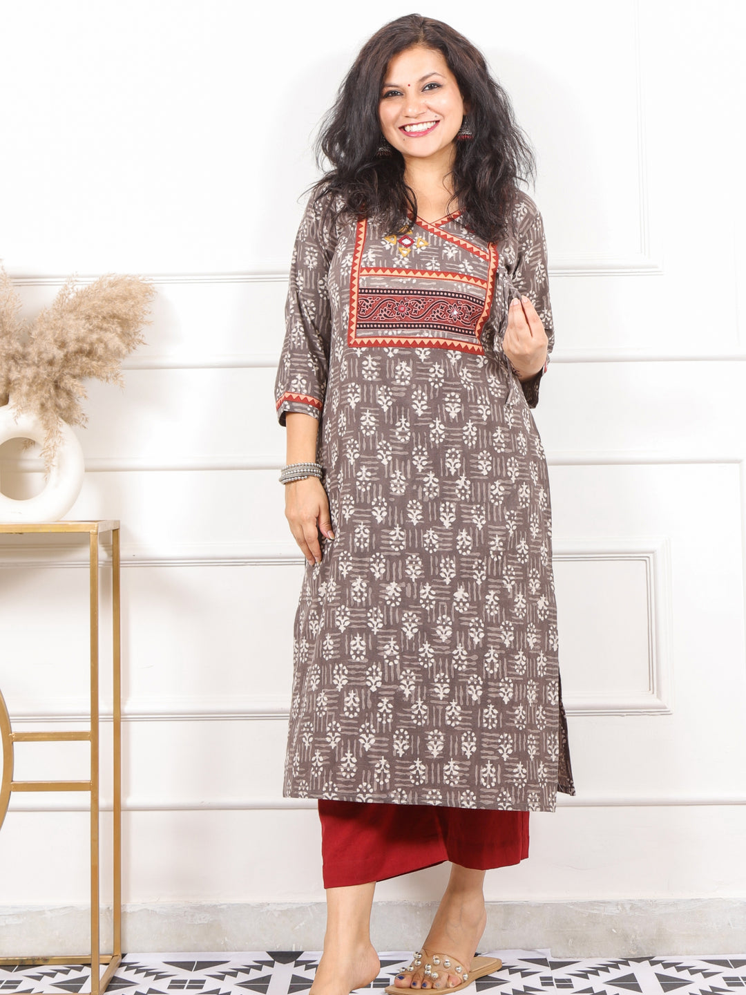 Ghoomar Latte Brown Kutch Mirror Neck Work Angrakha Cotton Kurti-D7