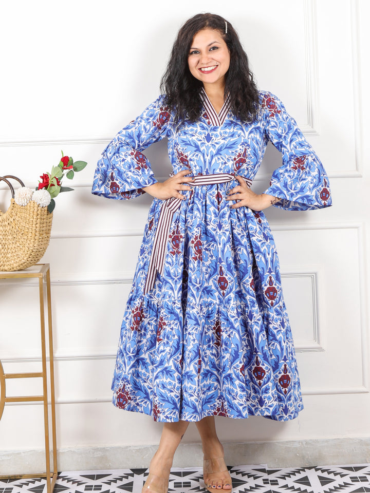 Kinara Sapphire Blue Floral Tropical Print Cotton Flared Dress with Belt