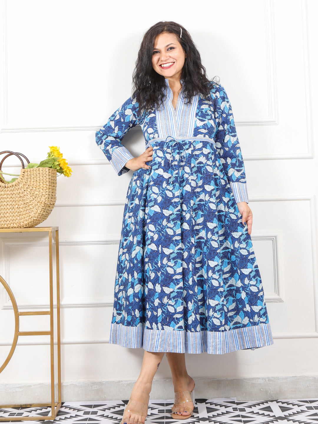 Kinara Dark Ocean Blue Floral Tropical Print Cotton Flared Dress with Knot