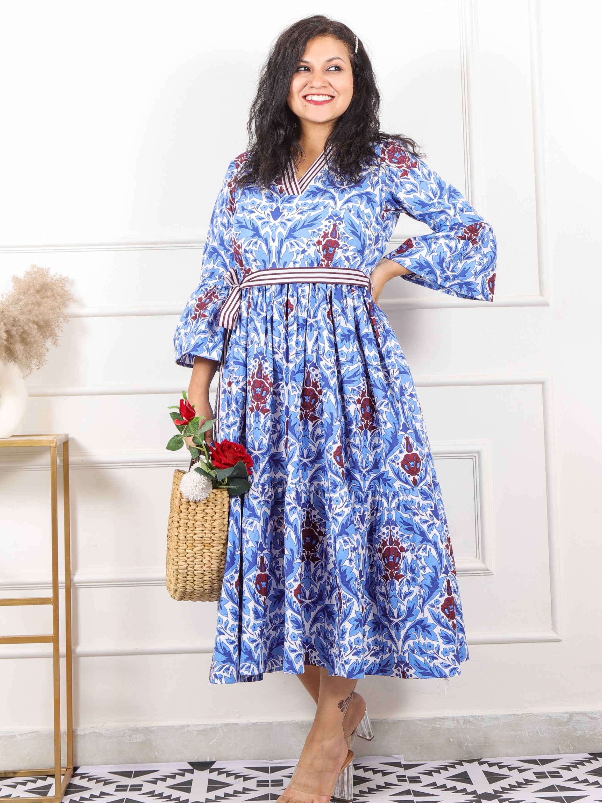 Kinara Sapphire Blue Floral Tropical Print Cotton Flared Dress with Be Desisandook Enterprises