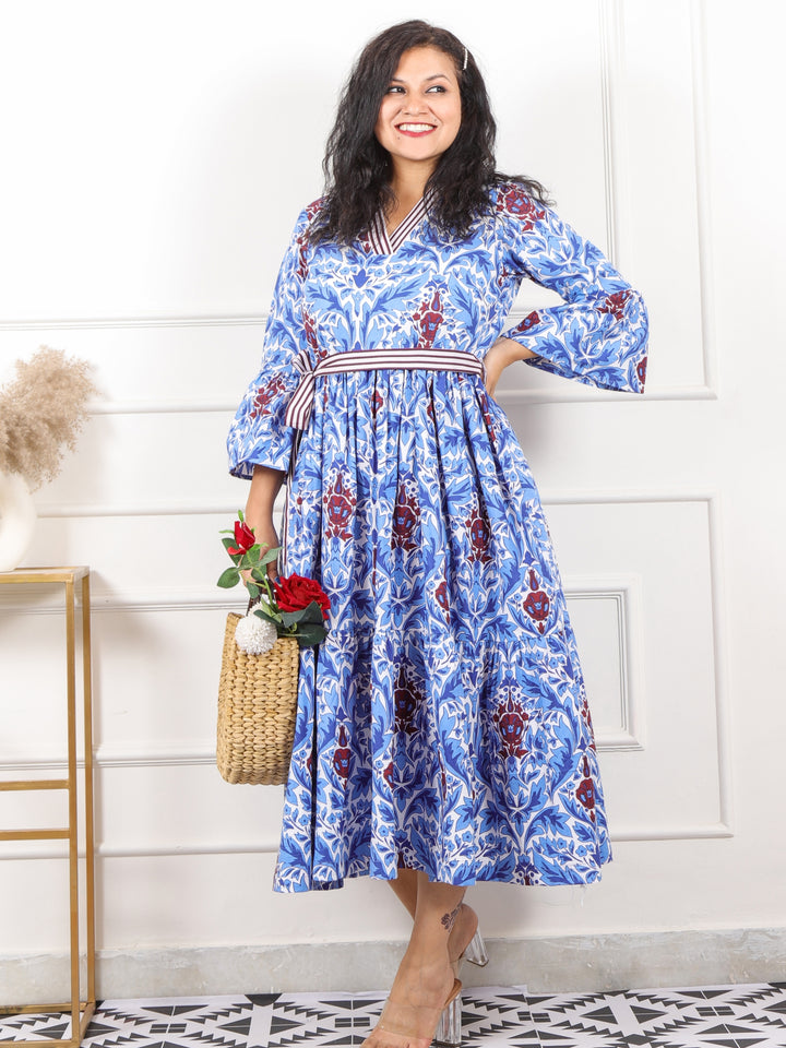 Kinara Sapphire Blue Floral Tropical Print Cotton Flared Dress with Belt