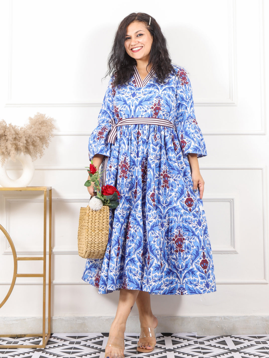 Kinara Sapphire Blue Floral Tropical Print Cotton Flared Dress with Belt