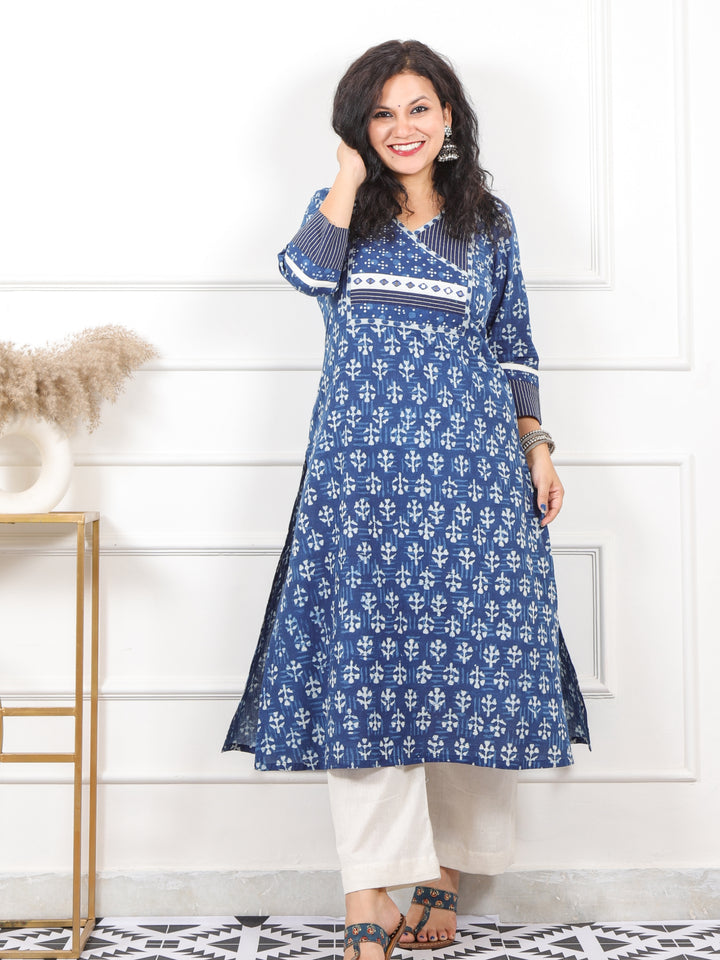 Suhana Royal Indigo Angrakha Style In Dabu Printed Cotton Kurti