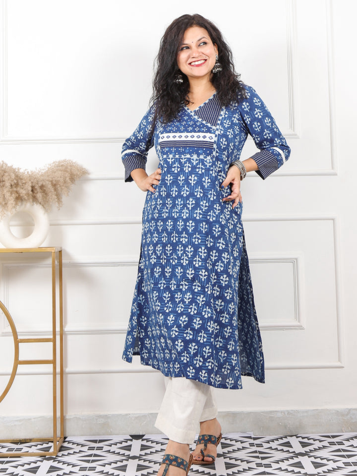 Suhana Royal Indigo Angrakha Style In Dabu Printed Cotton Kurti