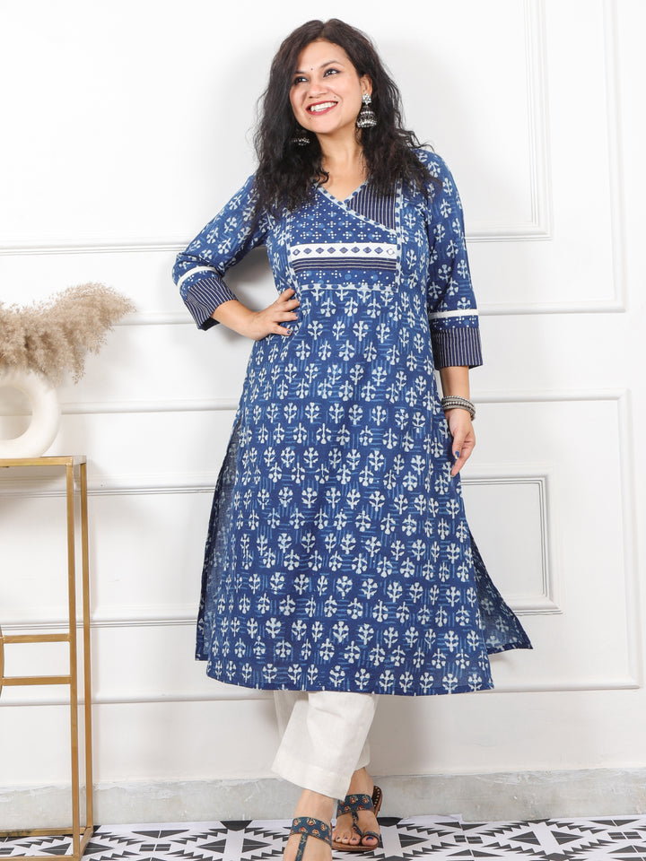 Suhana Royal Indigo Angrakha Style In Dabu Printed Cotton Kurti